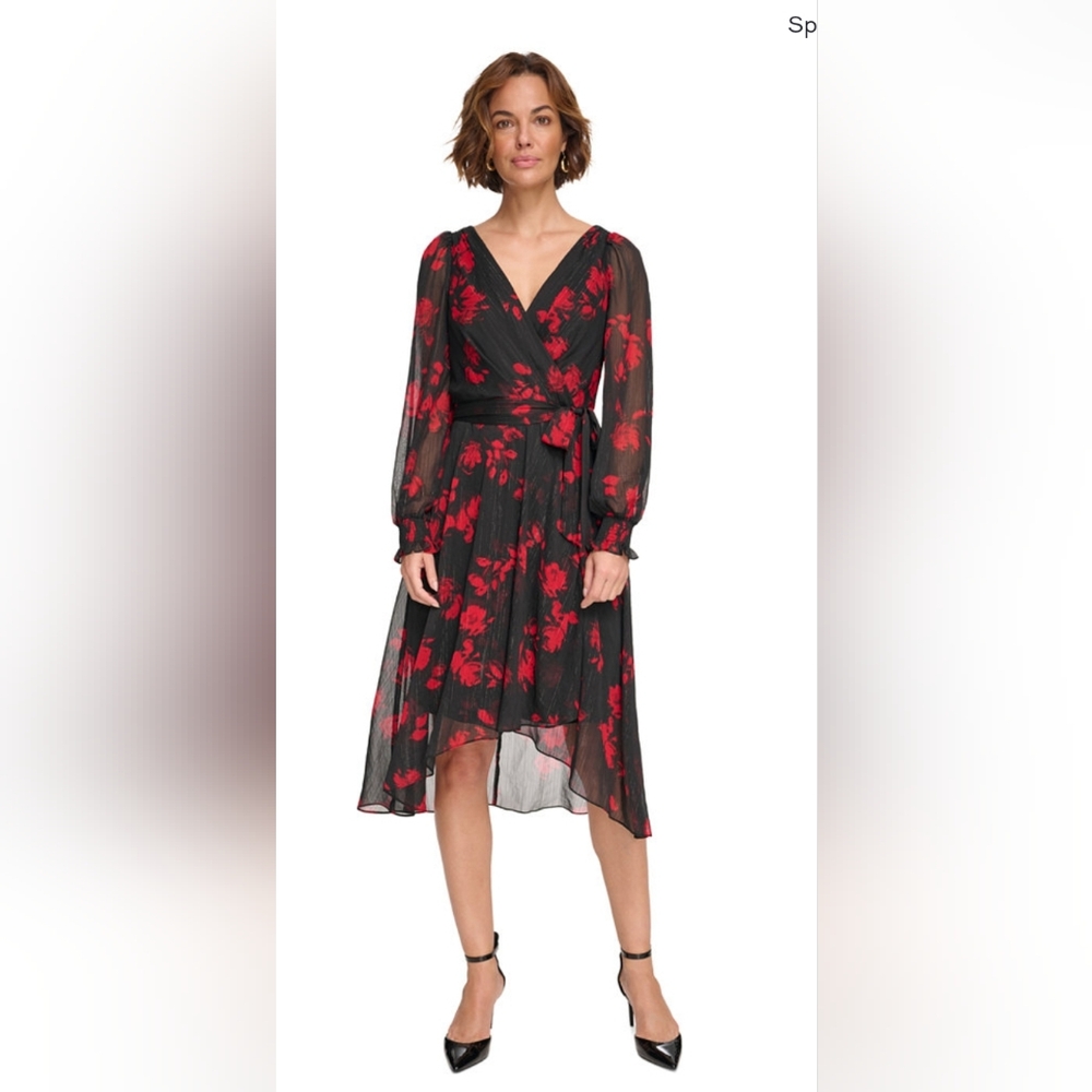DKNYWomen's Printed Chiffon Faux-Wrap Midi Dress